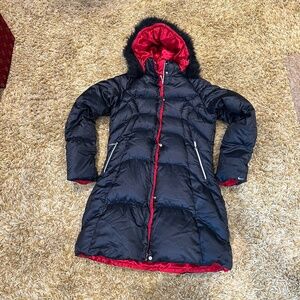 NIKE BLACK/RED LONG HOODED PUFFY JACKET SZ M DETACHABLE HOOD
